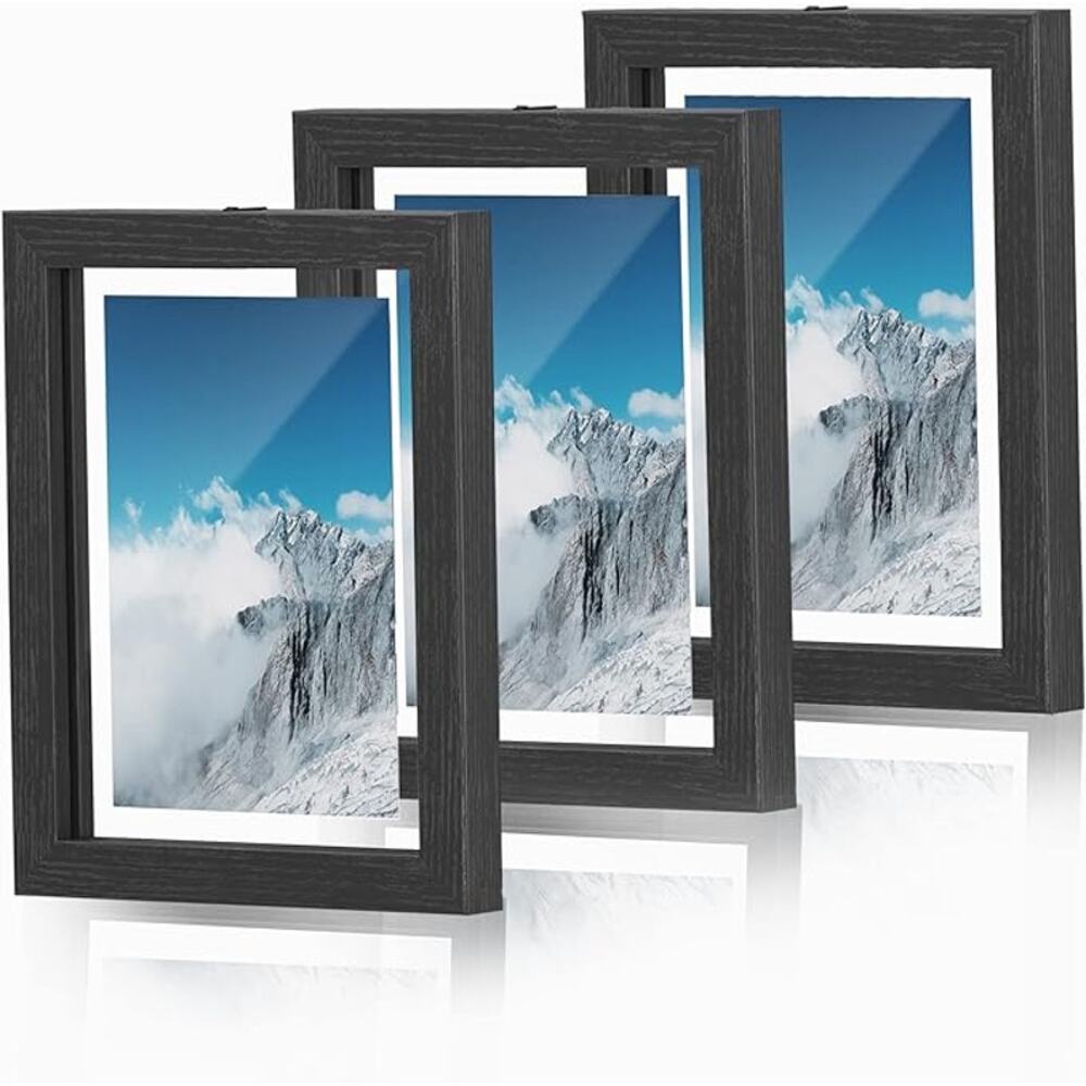 Set of 3 Floating Picture Frames, Double Glass, for Tabletop or Wall, MDF, Black